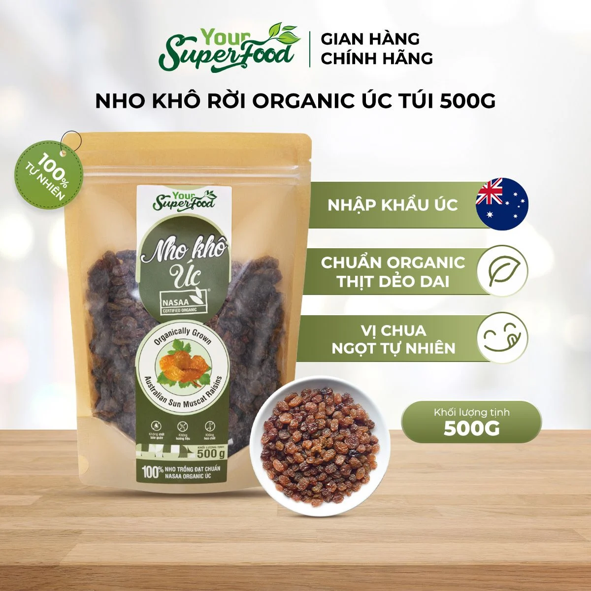 nho kho organic uc tui 500g